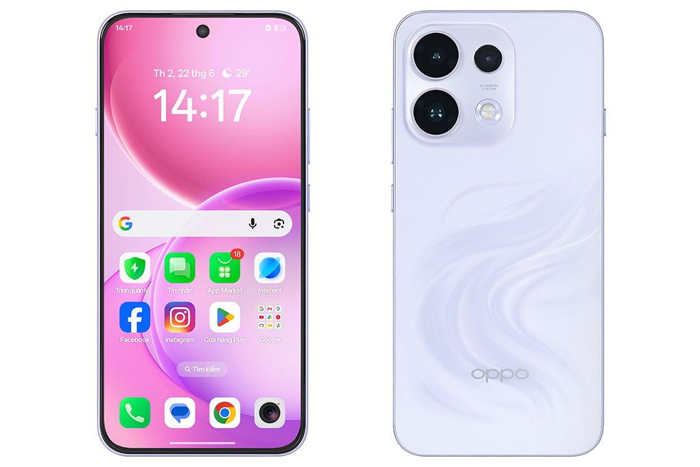 Oppo Reno16 F phiên bản màu tím nhạt mặt trước và mặt lưng